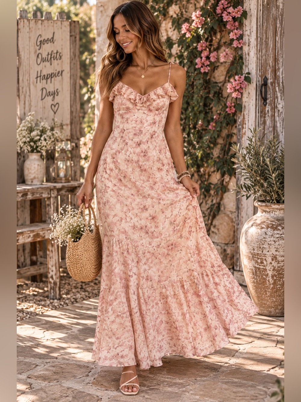 Lulus Floral Maxi Dress NWT Small Blush Pink Ruffle Tiered Cottagecore Wedding